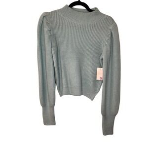 So Puff Sleeve Mock Neck Sweater Light Blue Ribbed‎ Knit Pullover M NWT